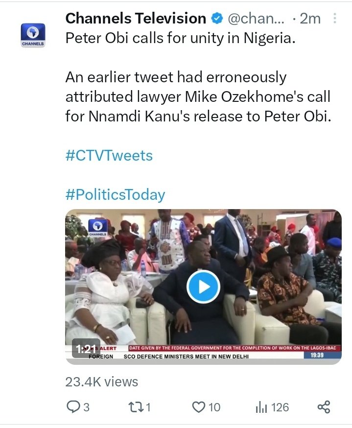 Channels TV post against Peter Obi 